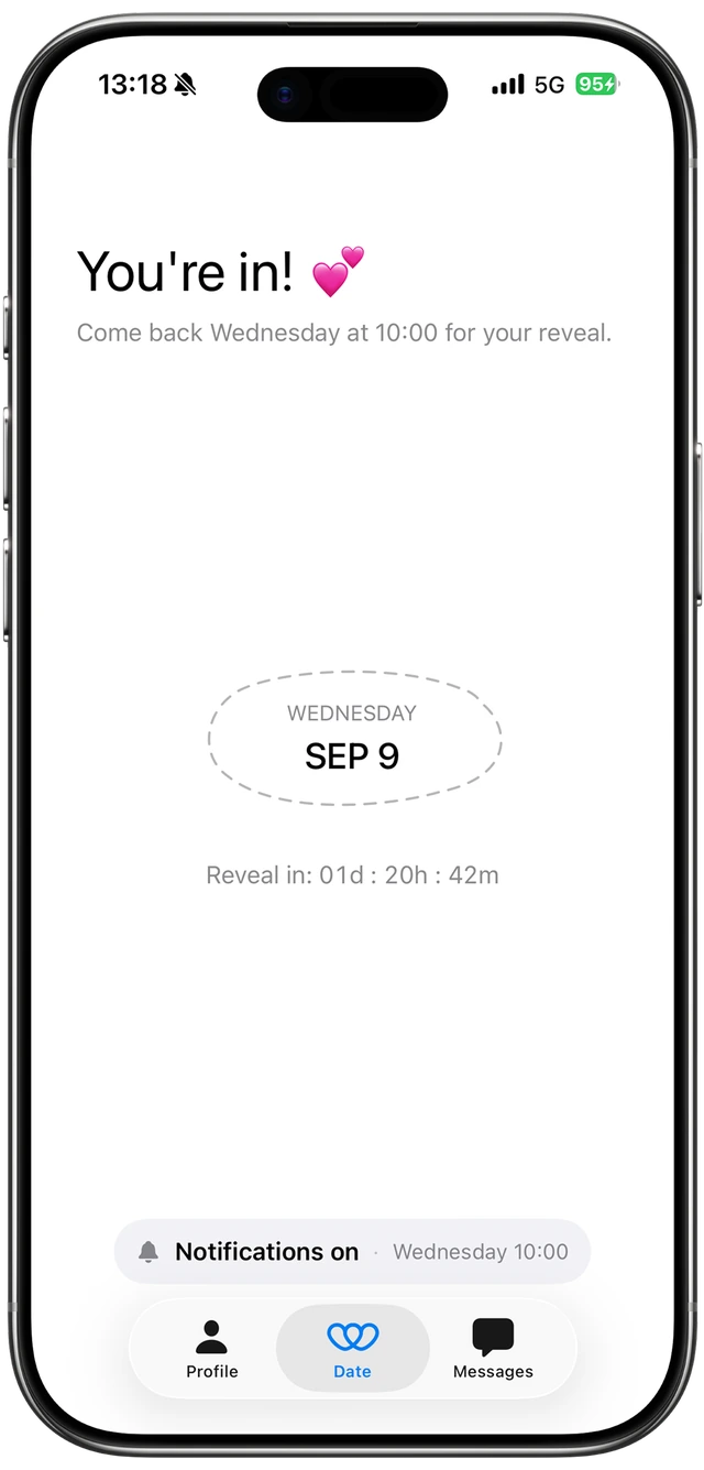 The waiting screen showing the Wednesday date reveal countdown.