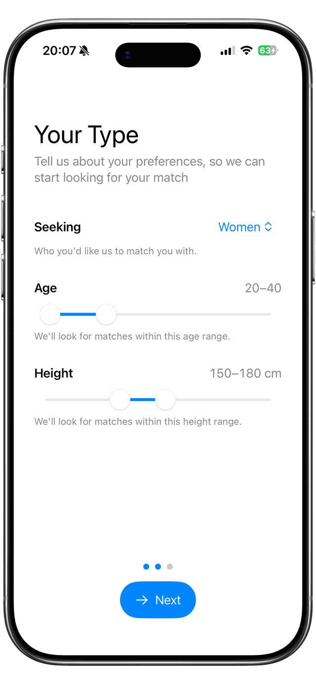 Setting your preferences: who you’re seeking, age and height.