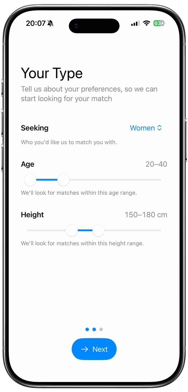 Setting your preferences: who you’re seeking, age and height.